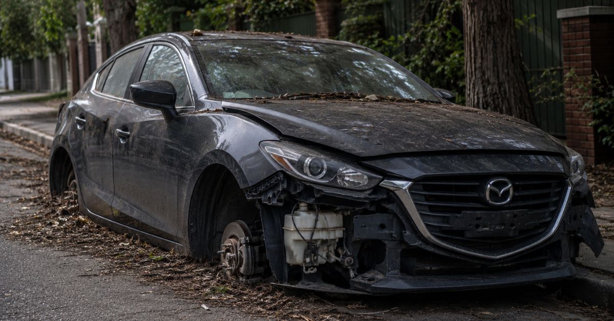 Abandoned damaged Mazda sedan parked on a residential street in Adelaide, awaiting collection by a licensed vehicle wrecker.