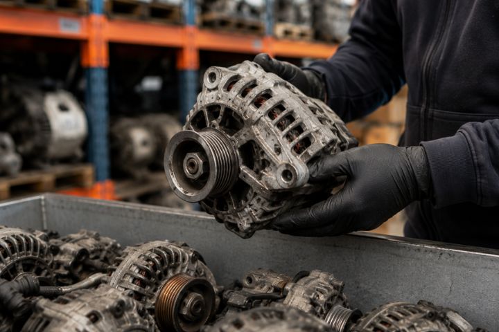 Technician inspecting a used alternator above a parts bin in an automotive recycling warehouse.