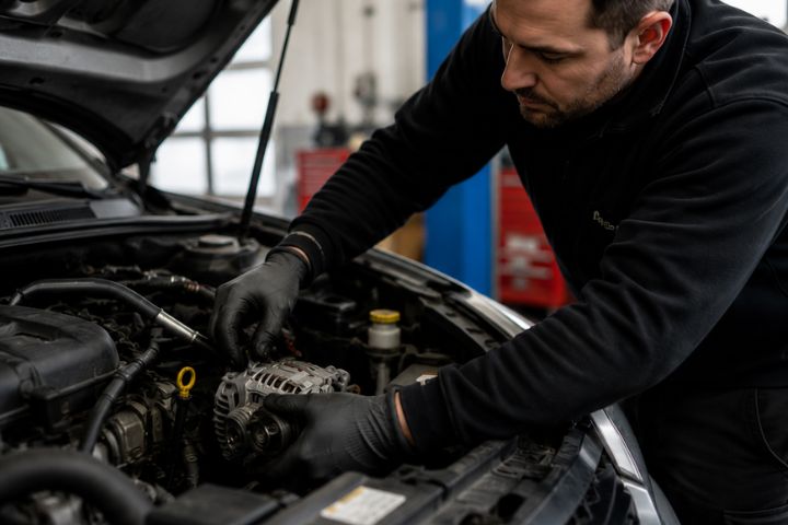 Mechanic installing a replacement alternator in a vehicle engine bay during automotive repair.