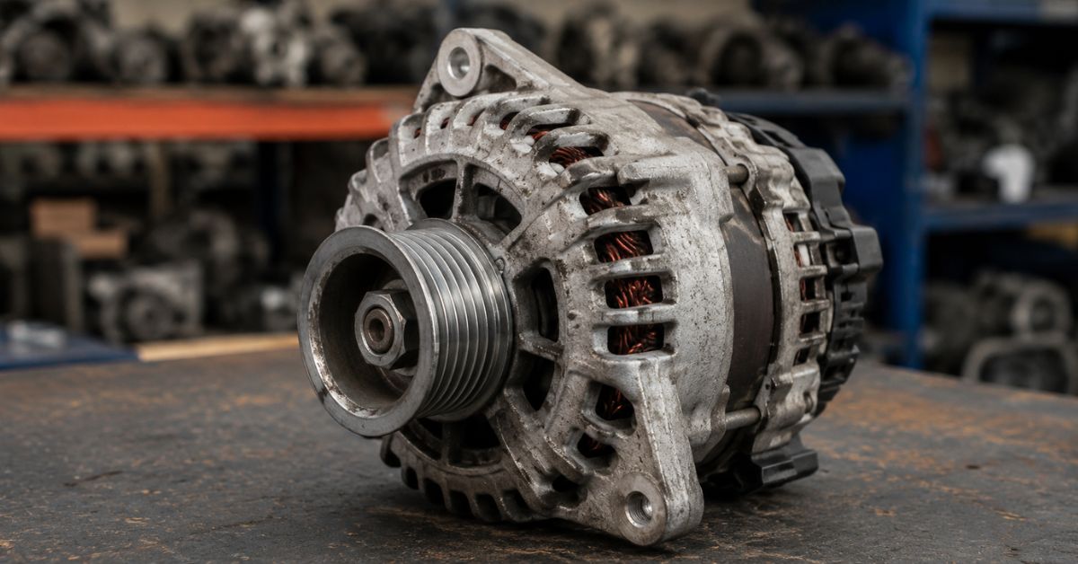 Close-up of a used alternator on a workshop bench with an automotive recycling warehouse in the background.