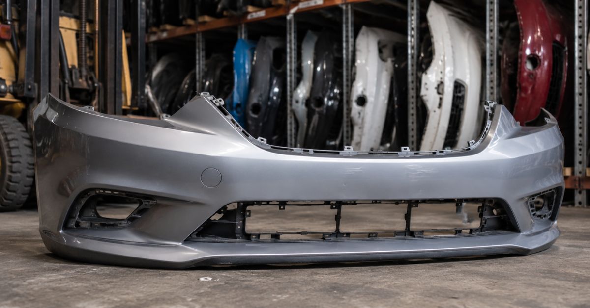 Inspected used front bumper in an auto recycling warehouse with recycled car bumpers stored on shelving in the background.