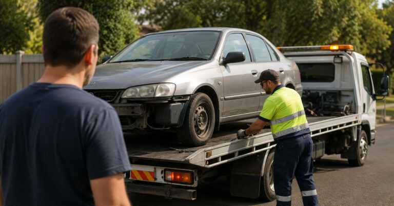 Tow truck collecting an unwanted damaged car in Adelaide as part of a professional cash for cars vehicle removal service.