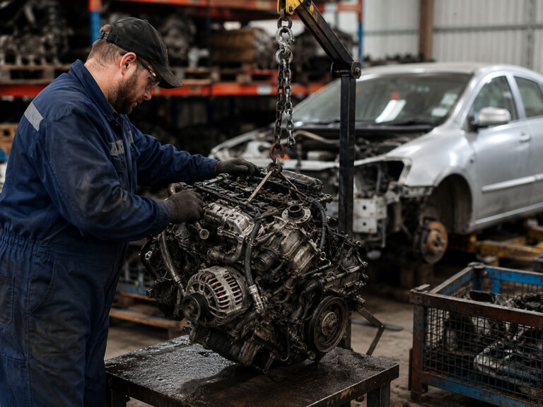 A technician inspecting a used engine suspended by a hoist during the dismantling process at Adelaide auto wrecking and recycling facility.