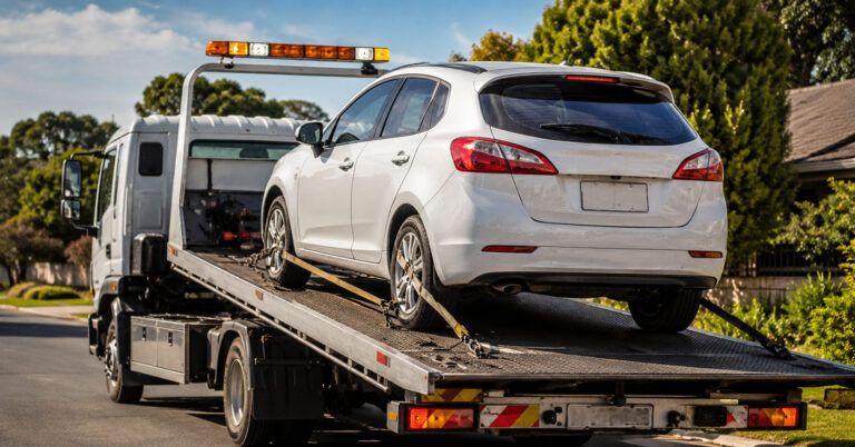 Tow truck collecting an unwanted car during a free car removal service in Adelaide.