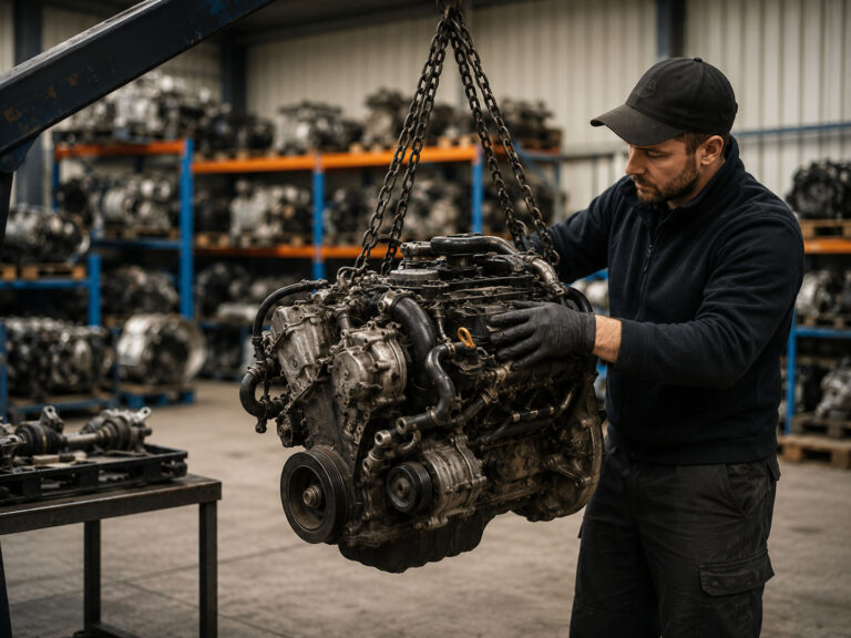Technician inspecting a suspended engine with an overhead hoist inside an Adelaide auto wrecking workshop after removal.