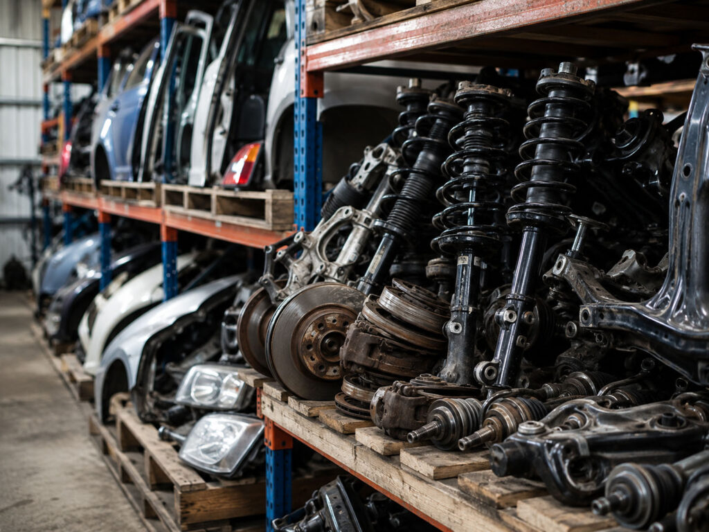 Used suspension struts, brake rotors, CV axles, control arms, body panels, and headlights stored on industrial warehouse shelving at wrecking facility.