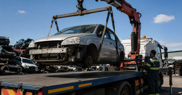 Damaged end-of-life vehicle being lifted onto a collection truck at a licensed Adelaide car recycling yard for dismantling and responsible recycling.