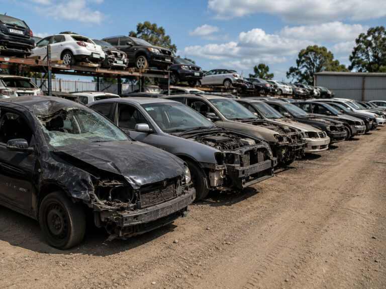 Rows of wrecked and dismantled vehicles awaiting processing.