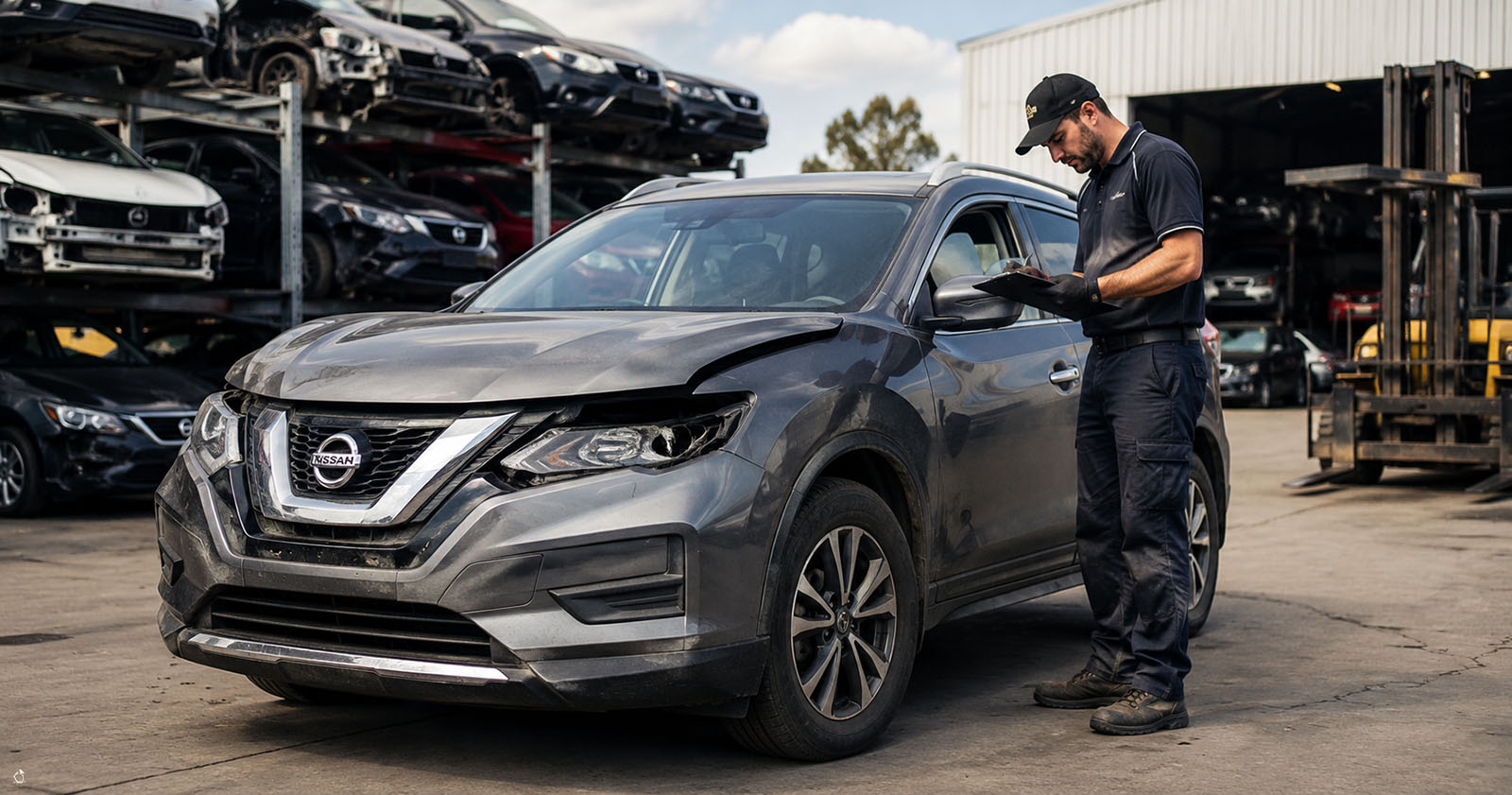 Nissan vehicle being professionaly assessed before dismantling at Burton Wreckers in Adelaide.